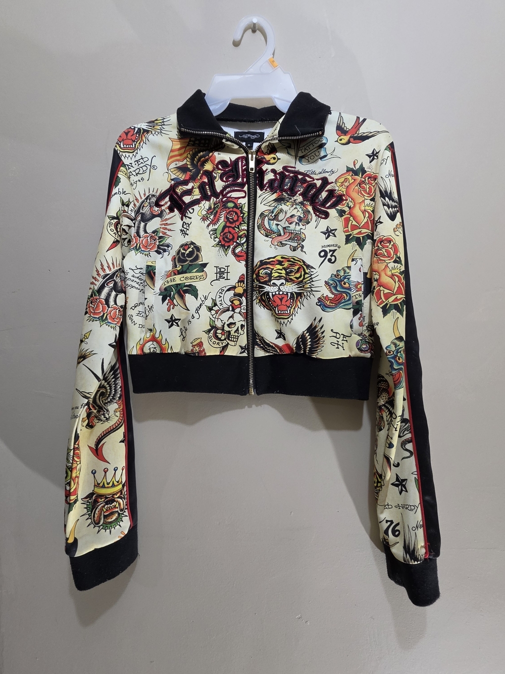 Ed Hardy Womens Size Small Cropped Zip Jacket Tattoo Print Y2K Track Top
